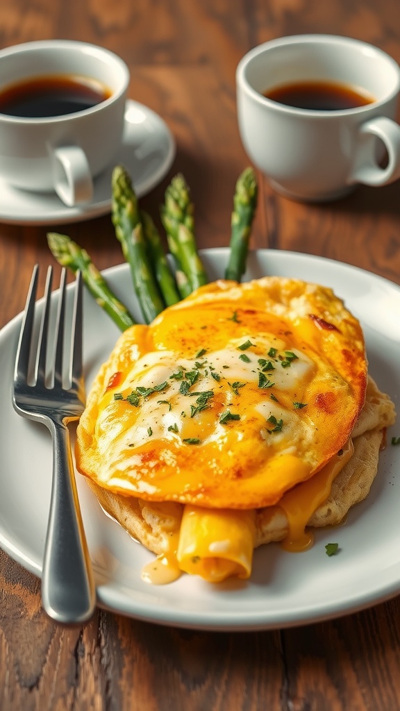 A delicious asparagus and cheese omelette on a white plate, garnished with herbs and served with coffee.